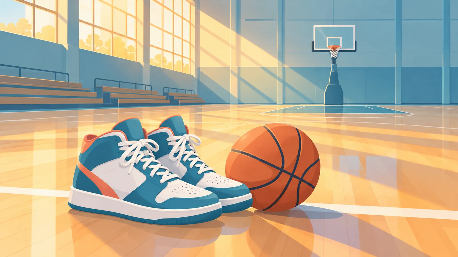Scarpe da basket allacciate e pronte sulla linea di fondo di un campo vuoto