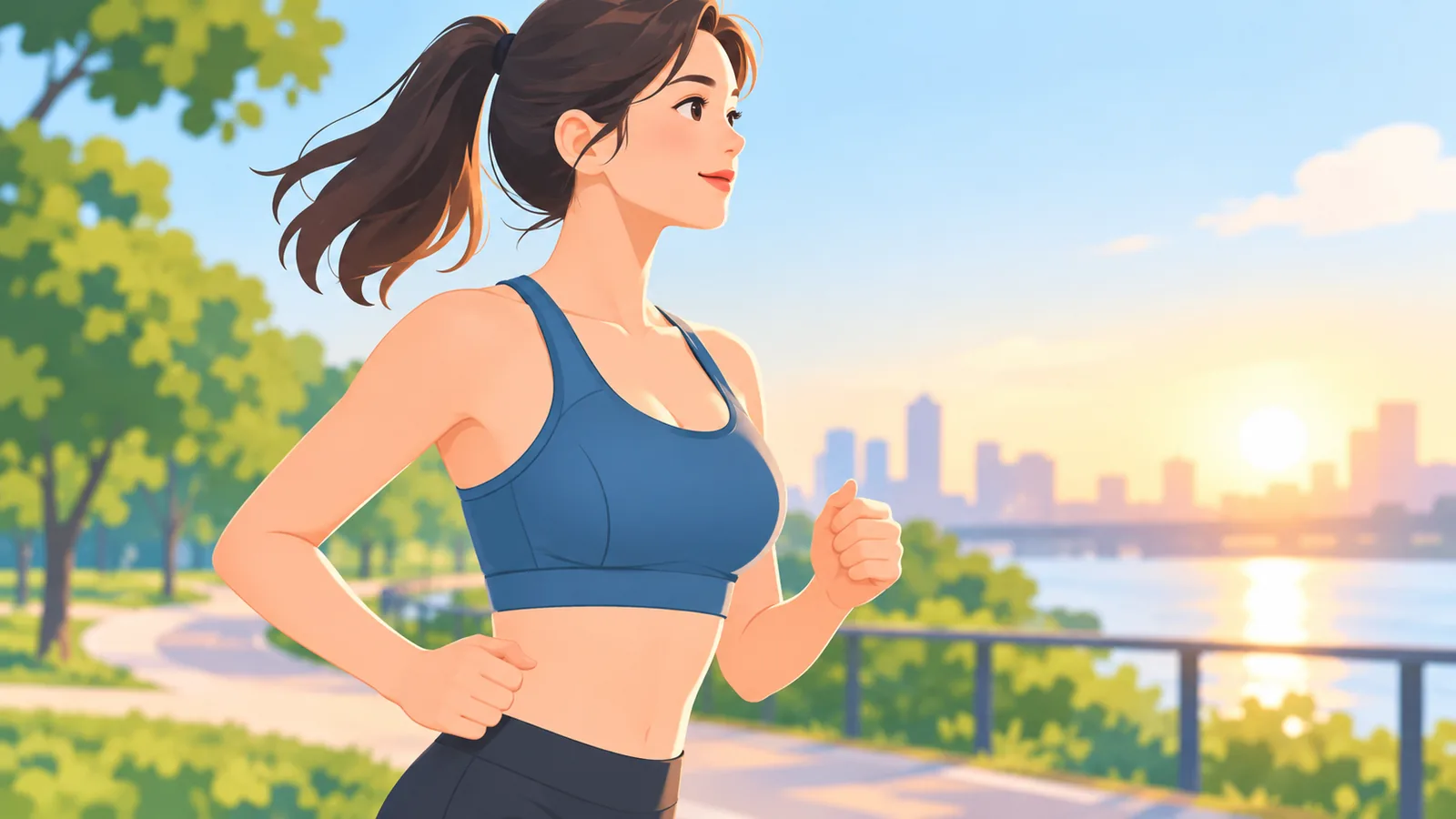 Donna che corre all'alba con un top sportivo di supporto