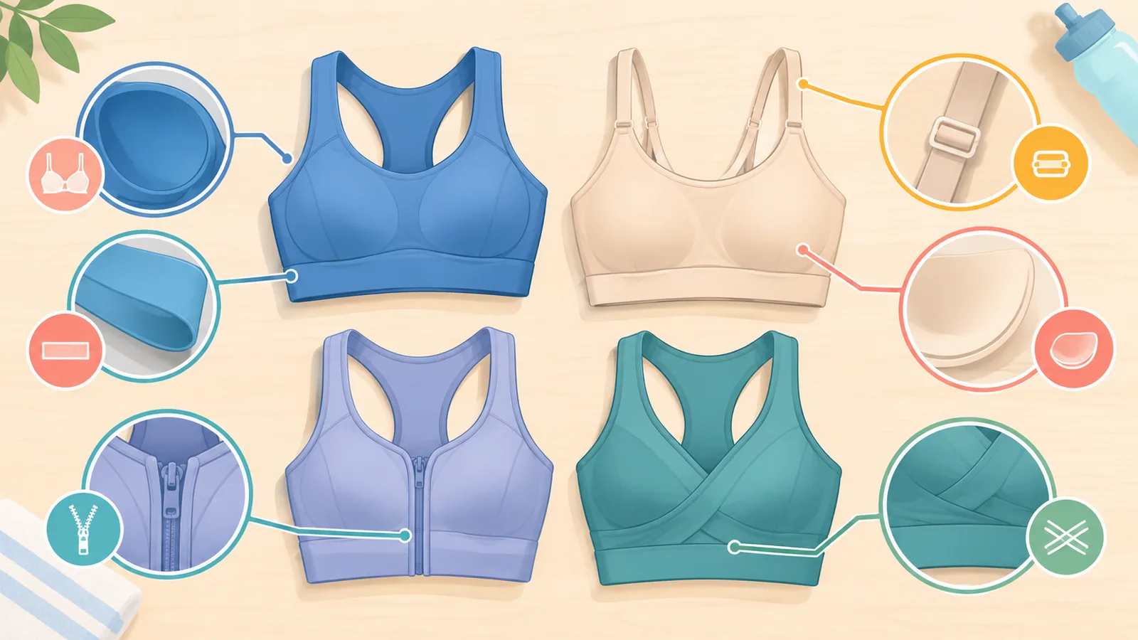 Diversi reggiseni sportivi con strutture diverse su un piano di legno chiaro