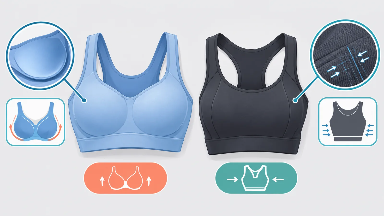 Reggiseno sportivo con coppe stampate accanto a un modello a compressione