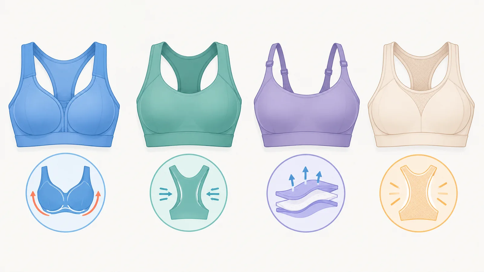 Quattro reggiseni sportivi disposti in fila per il confronto
