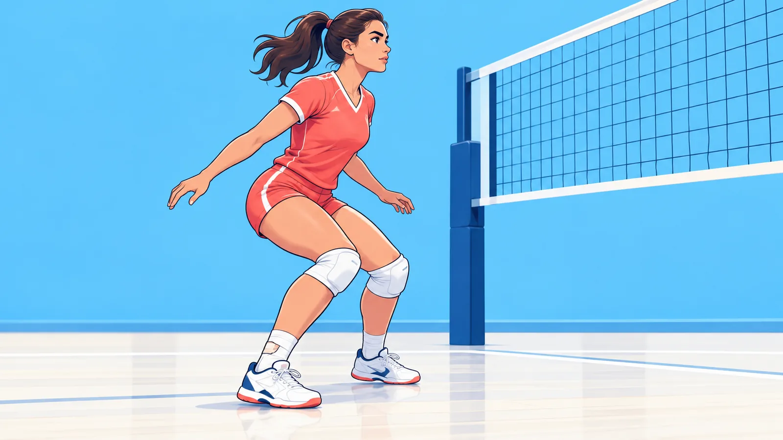 Giocatrice di pallavolo che atterra dopo un salto a rete