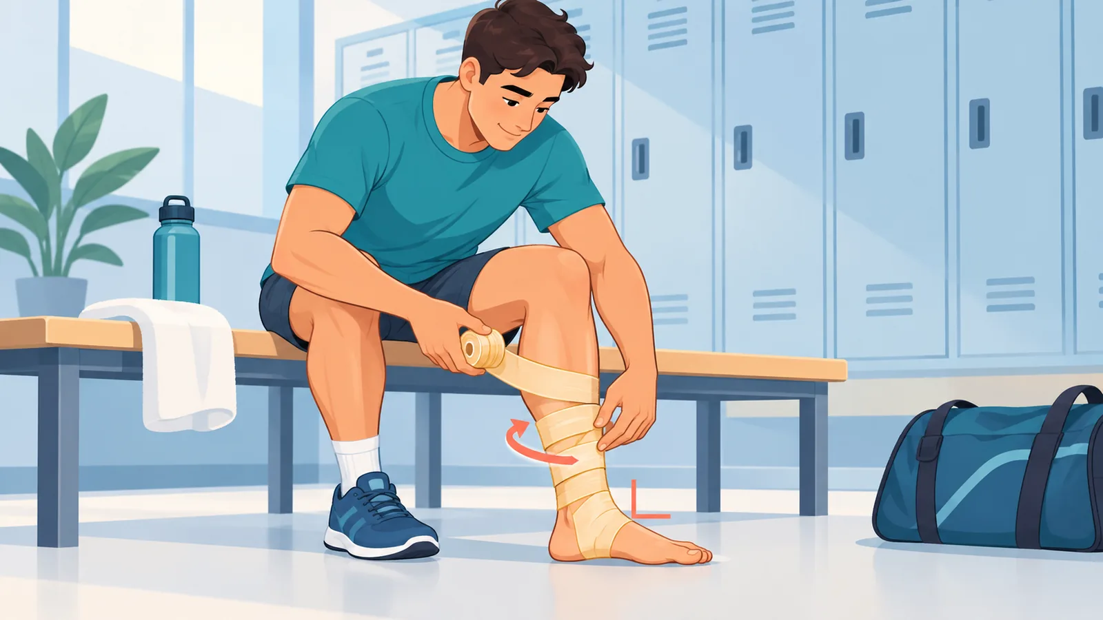 Atleta seduto su una panca che avvolge il pre-wrap attorno alla caviglia