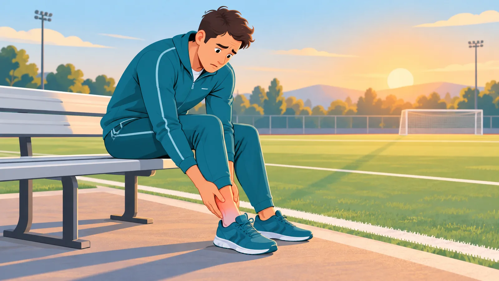 Atleta seduto a bordo campo che si tiene la caviglia dolorante