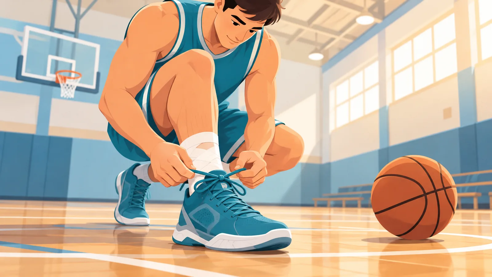 Giocatore di basket che si allaccia le scarpe con la caviglia sottoposta a taping