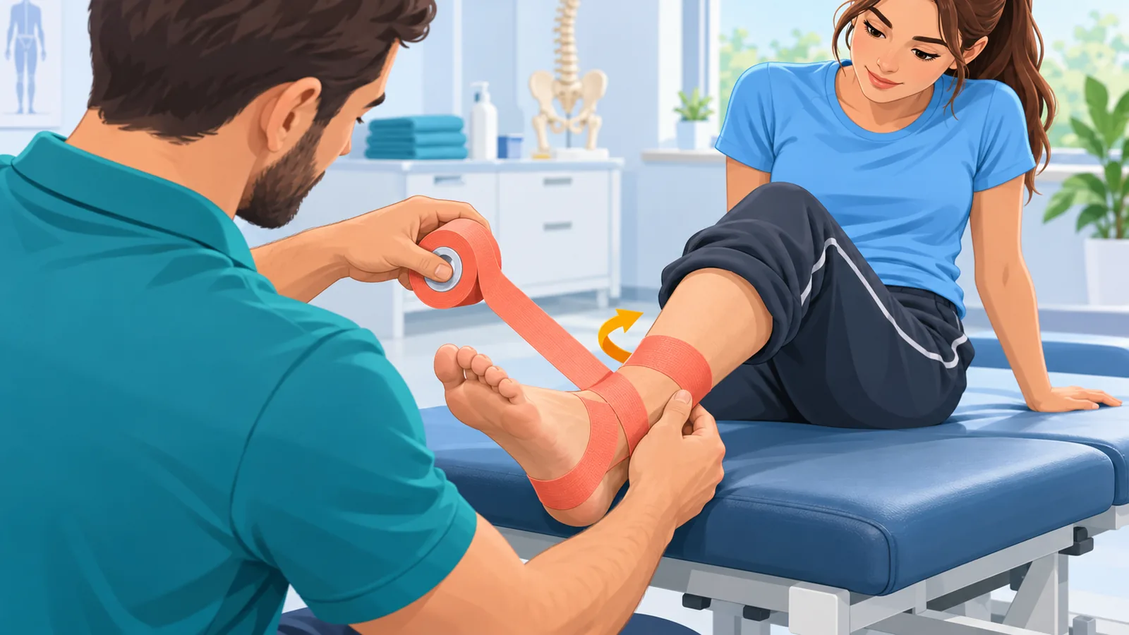 Fisioterapista che mostra a un giovane atleta come applicare il tape