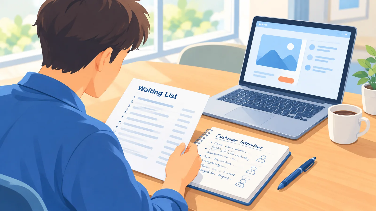 Fondatore che controlla lista d’attesa e appunti delle interviste ai clienti