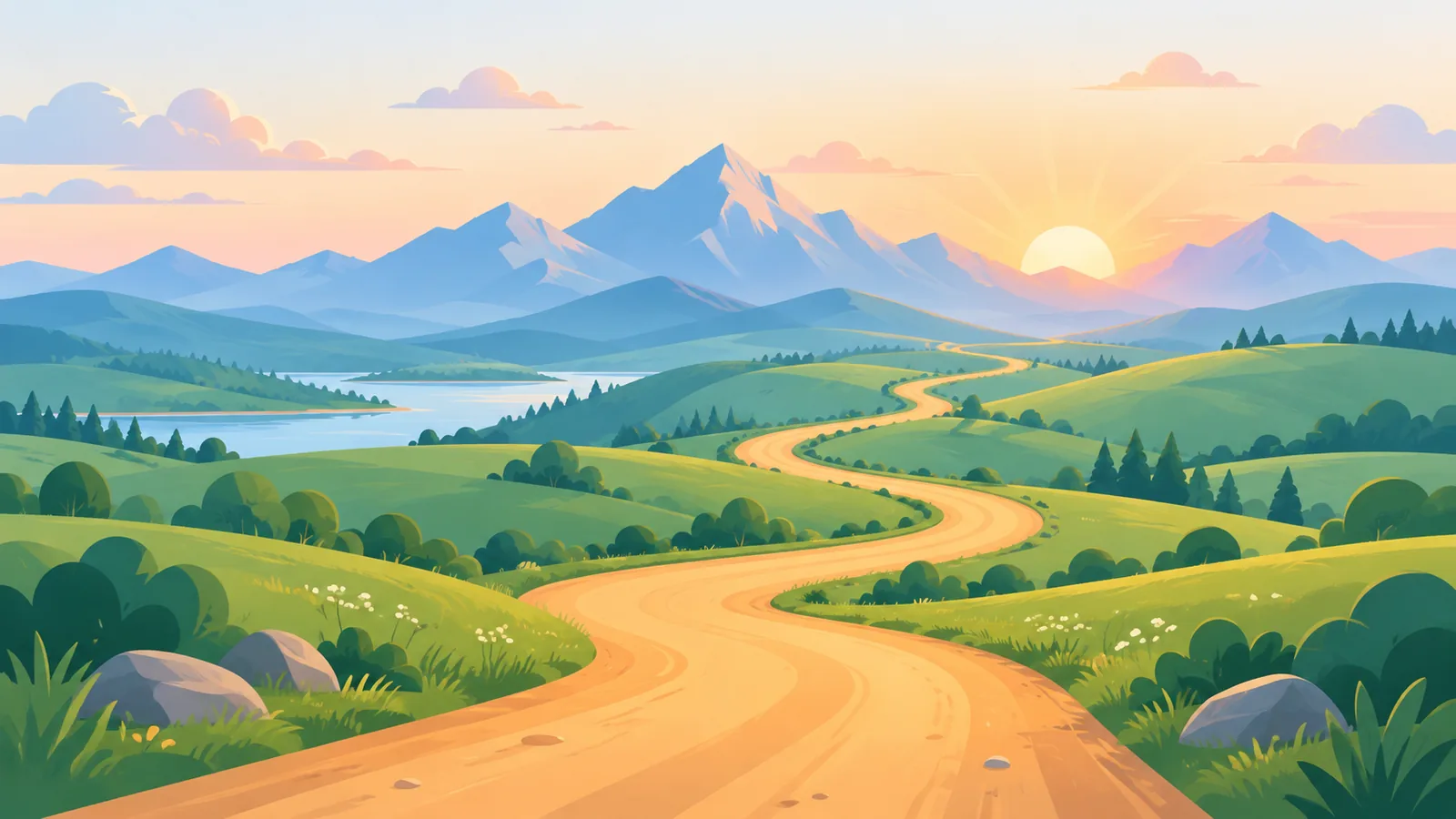 Strada tra le colline verso le montagne all’alba, simbolo delle fasi della campagna