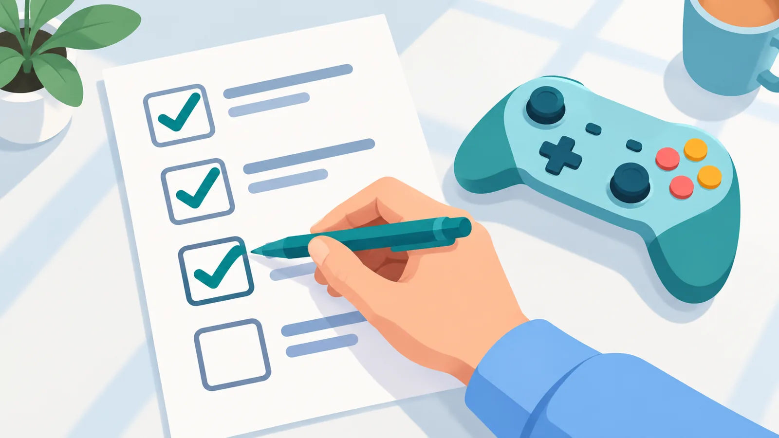 Mano che spunta una checklist accanto a un controller di console