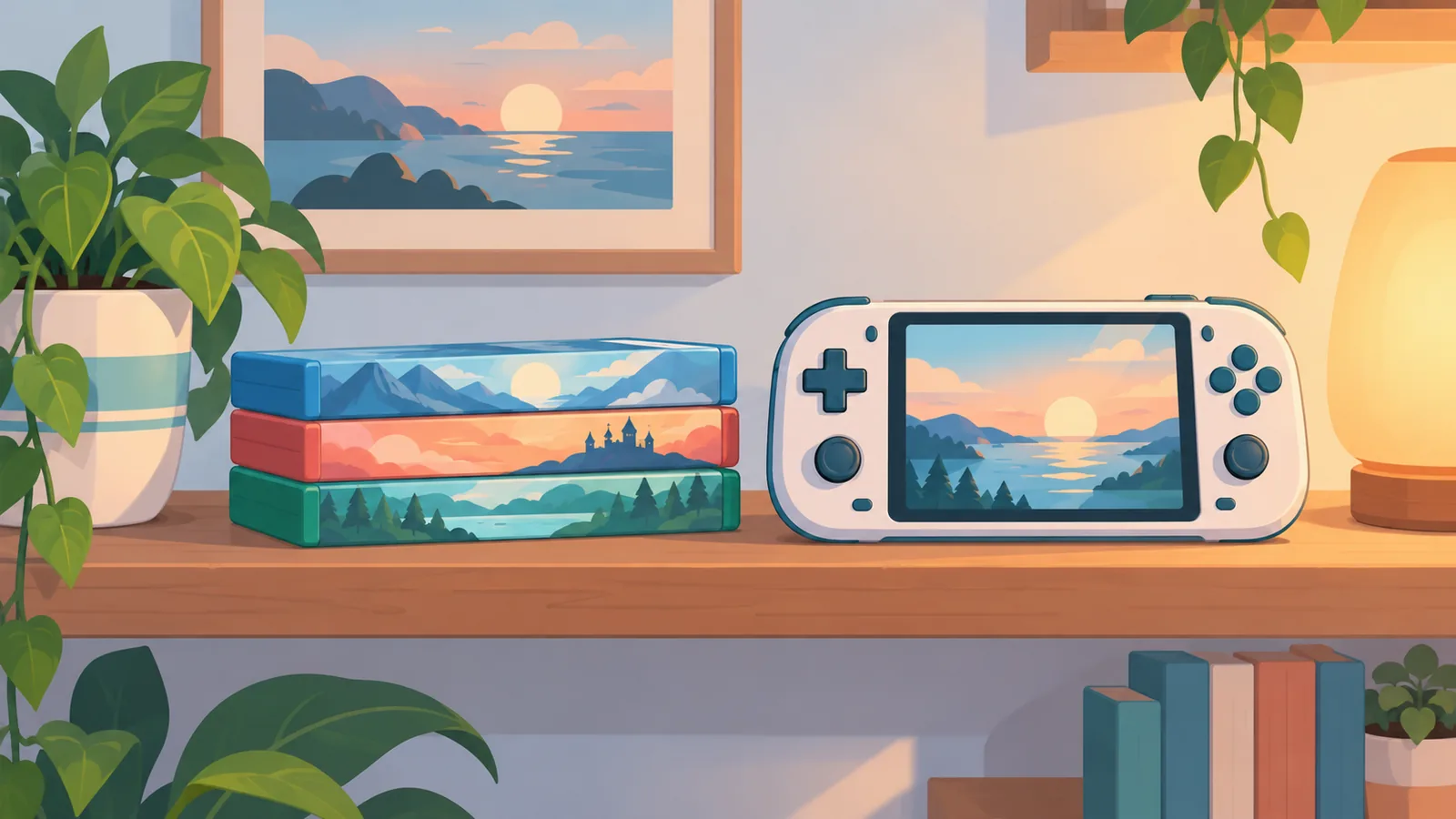 Custodie di videogiochi accanto a una console portatile su uno scaffale in legno