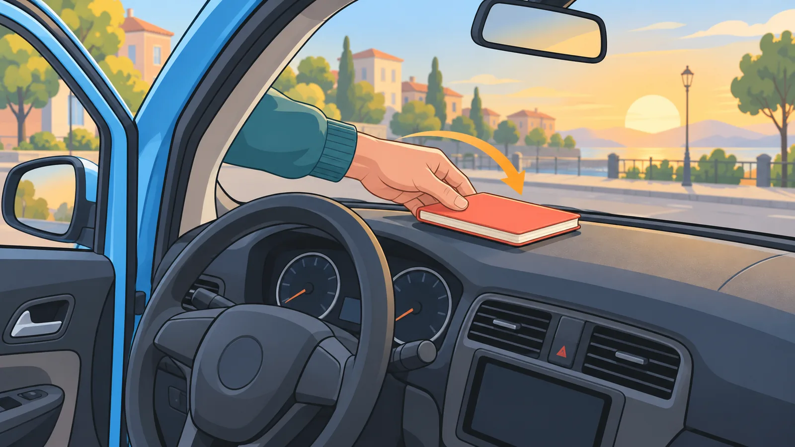 Registro dei chilometri appoggiato sul cruscotto di un’auto
