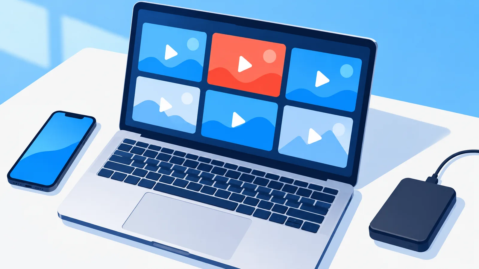 Scrivania con laptop, smartphone e hard disk esterno per archiviare video