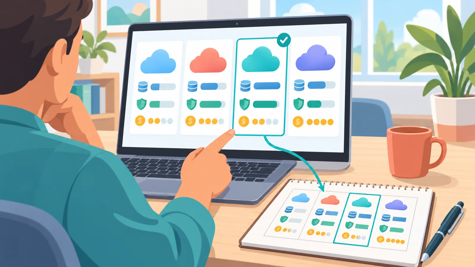 Persona che confronta diversi servizi cloud al computer