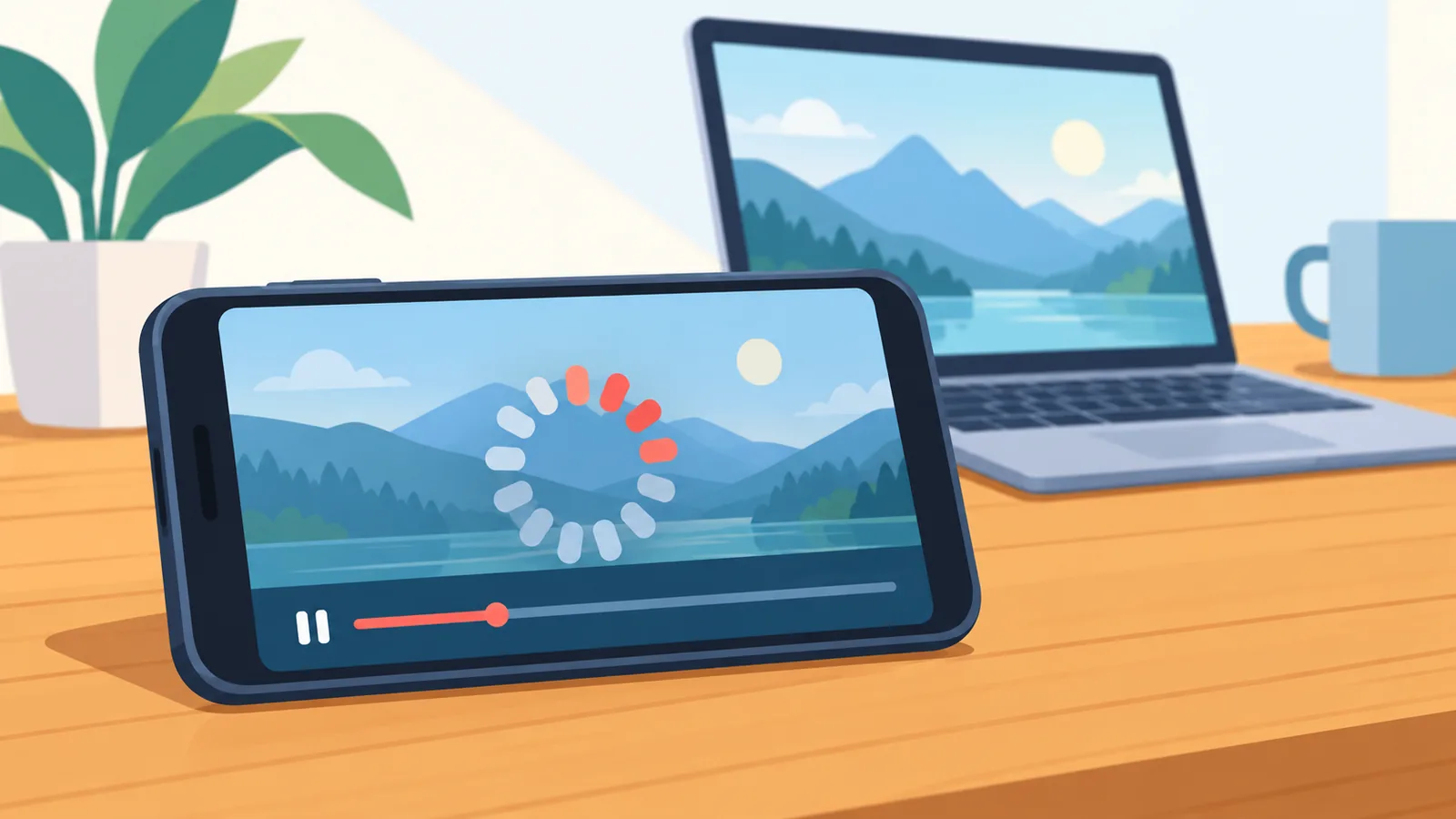 Smartphone con un video in caricamento accanto a un laptop