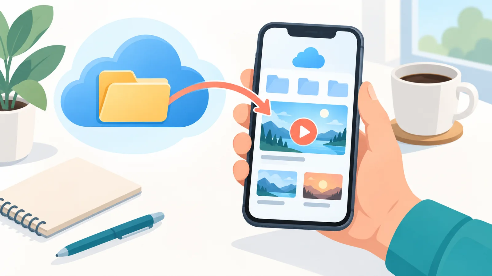 Mano che tiene uno smartphone con anteprima video in un’app cloud