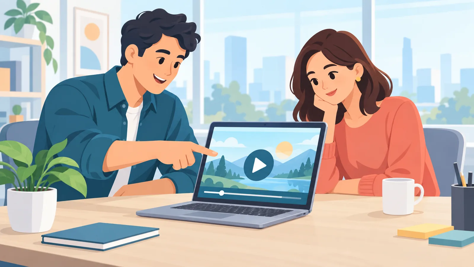 Due colleghi che rivedono un video condiviso sul laptop