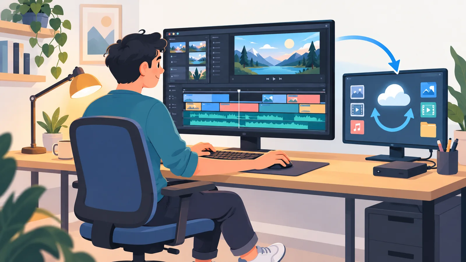 Montatore video con timeline di montaggio e file in sincronizzazione