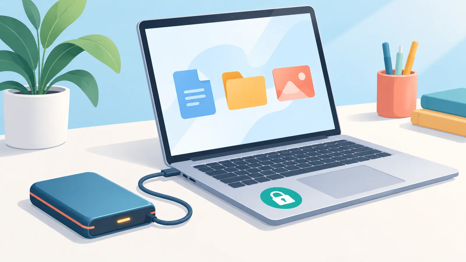 Disco esterno accanto a un laptop per la copia di backup dei video