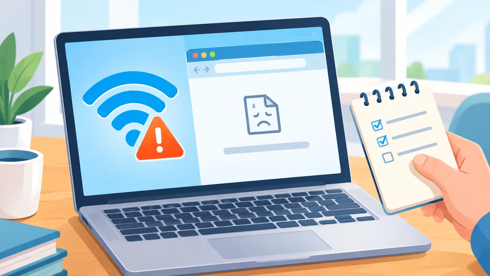 Portatile con icona Wi-Fi e avviso di errore, accanto a un blocco per appunti