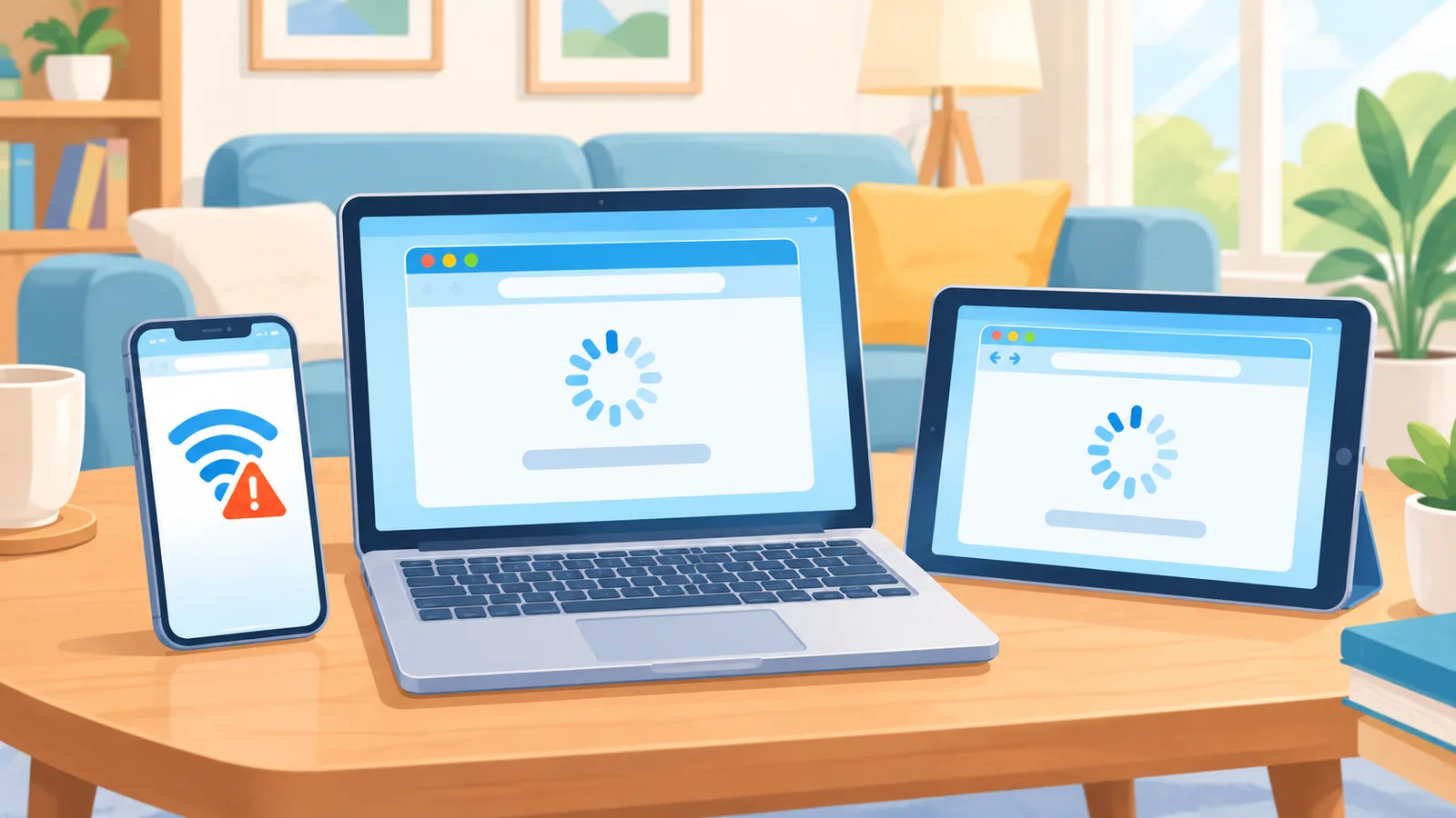 Tre dispositivi affiancati, uno con errore di connessione e due che navigano