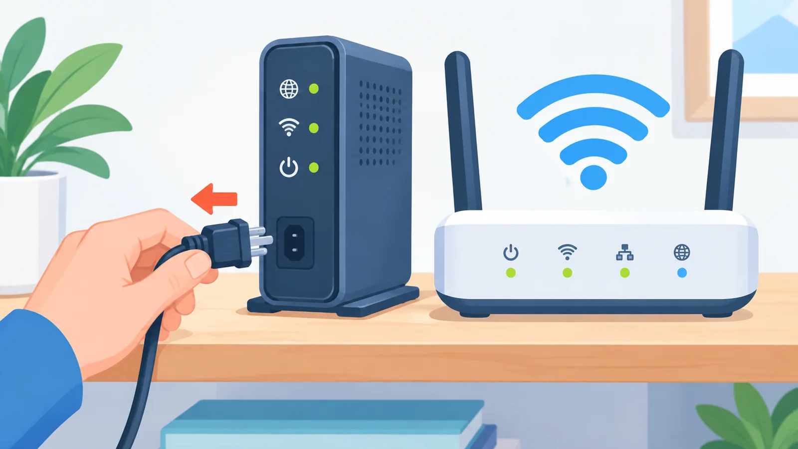 Mano che scollega l'alimentazione del modem accanto al router