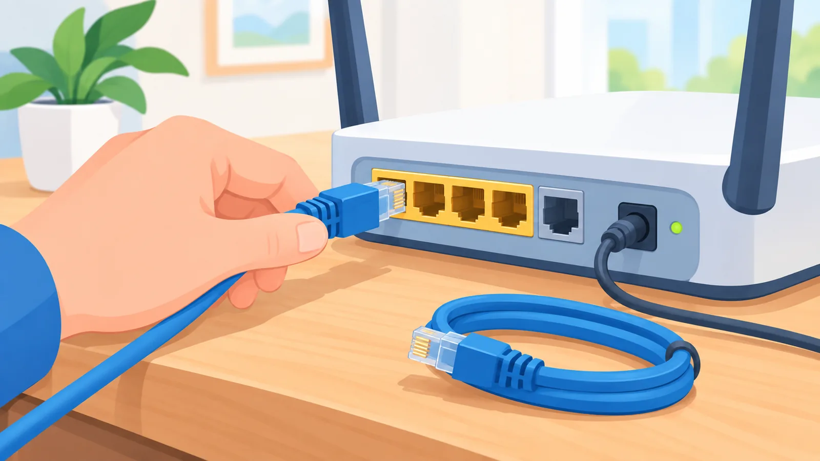 Cavo Ethernet inserito nella porta del router con un cavo di riserva