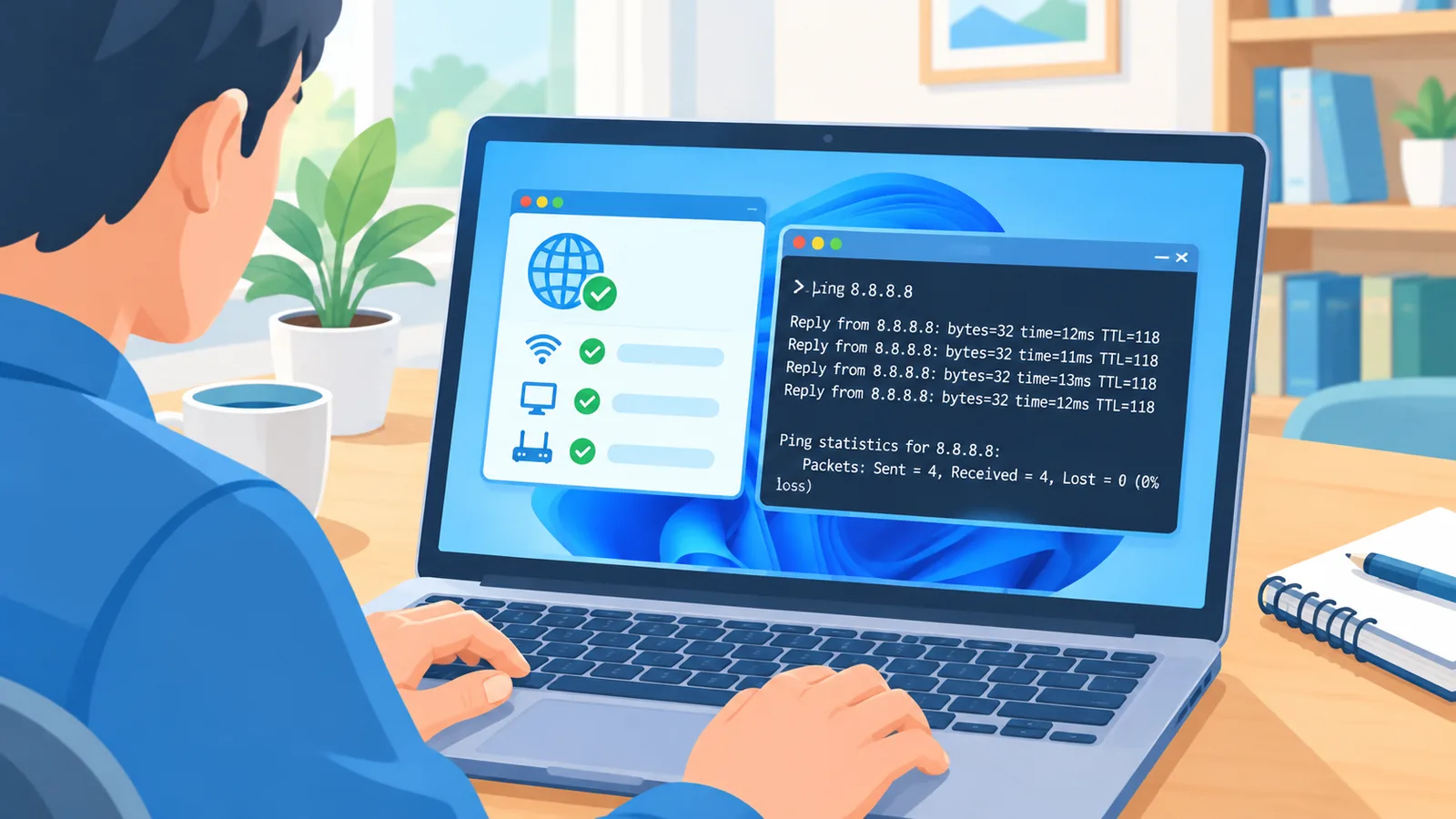 Schermata di Windows con strumento di risoluzione problemi di rete e prova ping