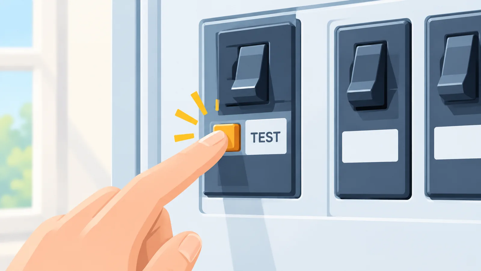 Dito che preme il pulsante TEST su un interruttore di protezione