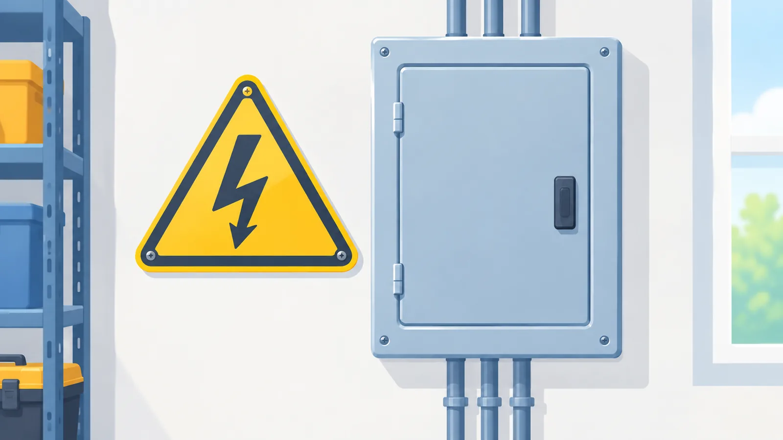 Cartello di pericolo elettrico accanto a un quadro elettrico