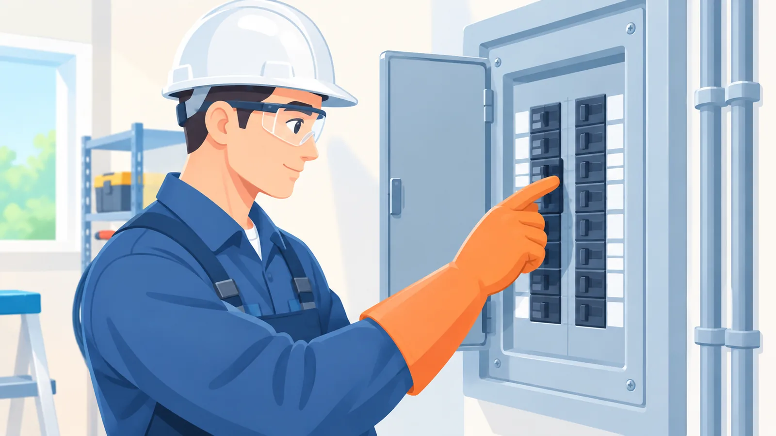 Elettricista con guanti isolanti davanti a un quadro elettrico