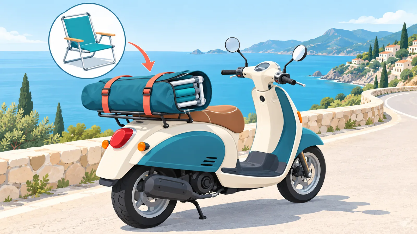 Sedia da spiaggia compatta nella custodia fissata al portapacchi di uno scooter