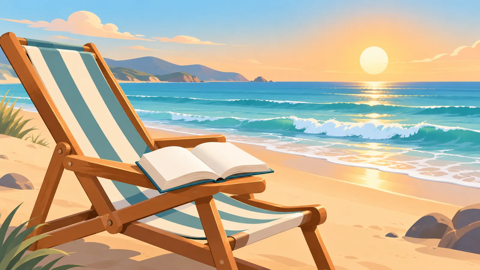 Sedia da spiaggia reclinata sulla riva con un libro aperto sul bracciolo
