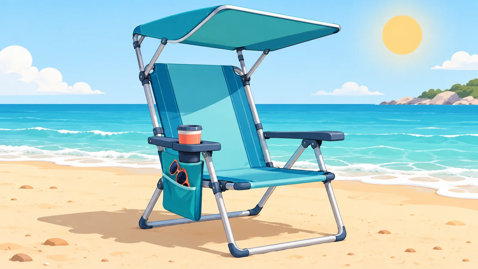 Sedia da spiaggia con tettuccio, portabicchieri e tasca laterale