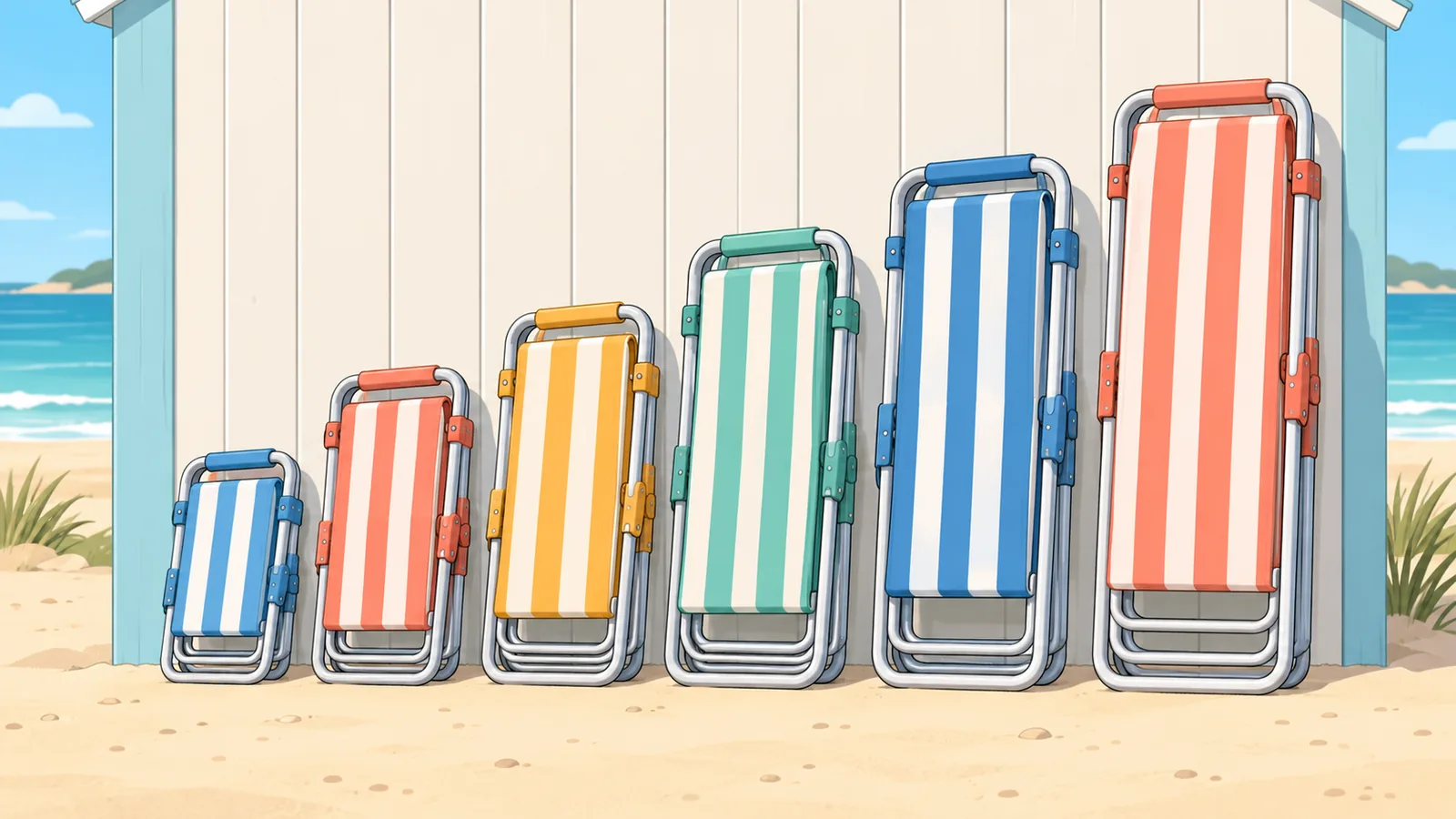 Fila di sedie da spiaggia chiuse di diverse dimensioni appoggiate a una cabina di legno