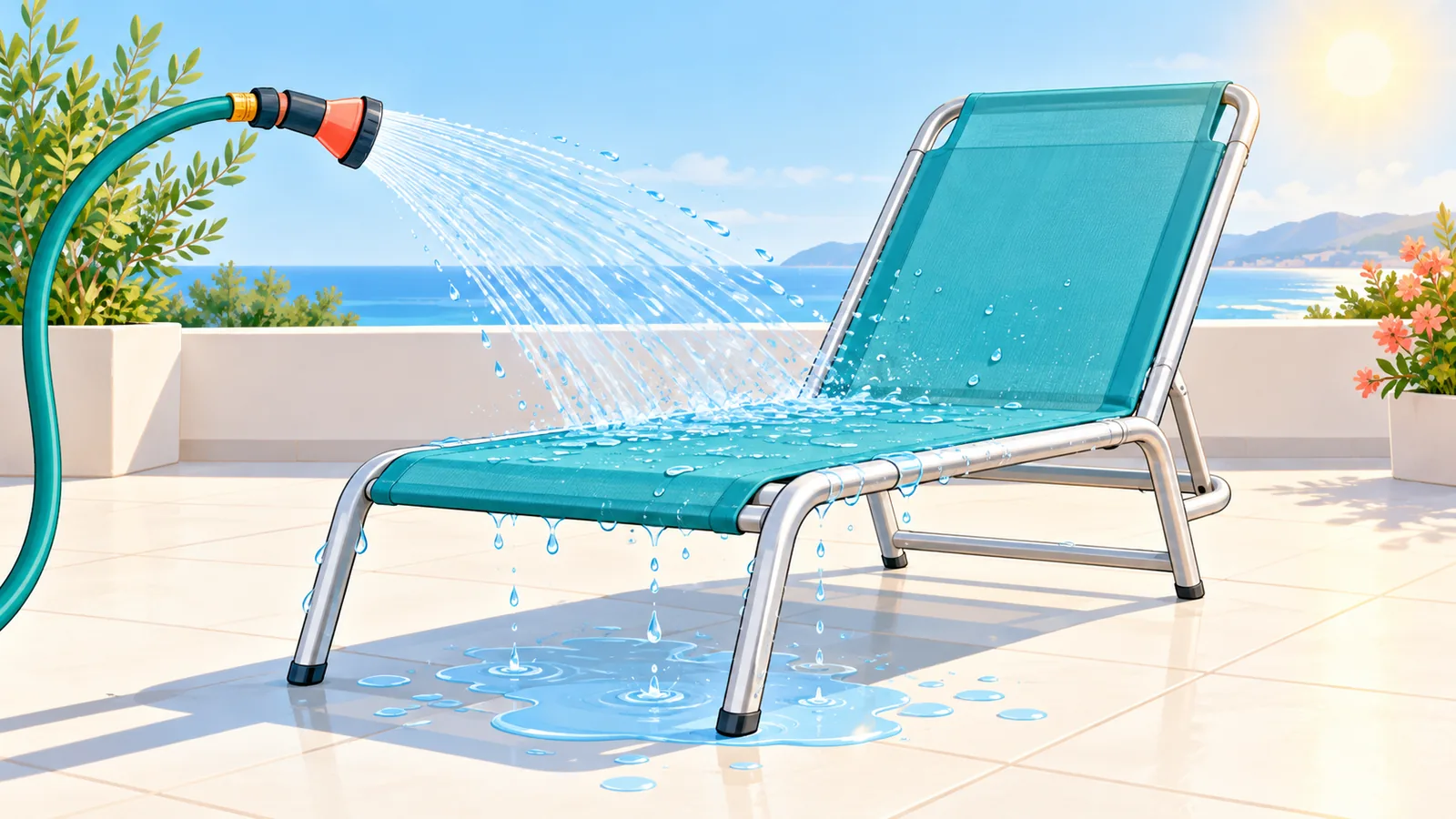 Sedia da spiaggia sciacquata con acqua dolce su una terrazza