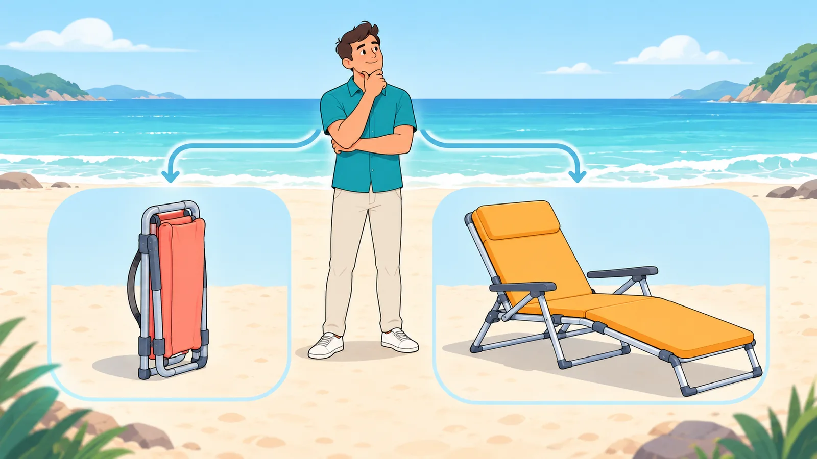 Persona che confronta una sedia pieghevole e un lettino in spiaggia