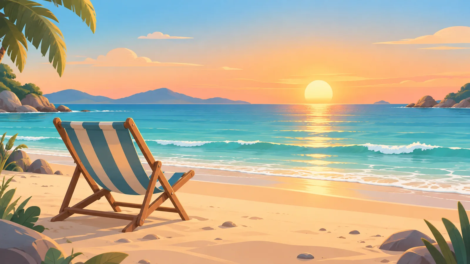 Sedia da spiaggia aperta sulla sabbia davanti a un mare calmo al tramonto