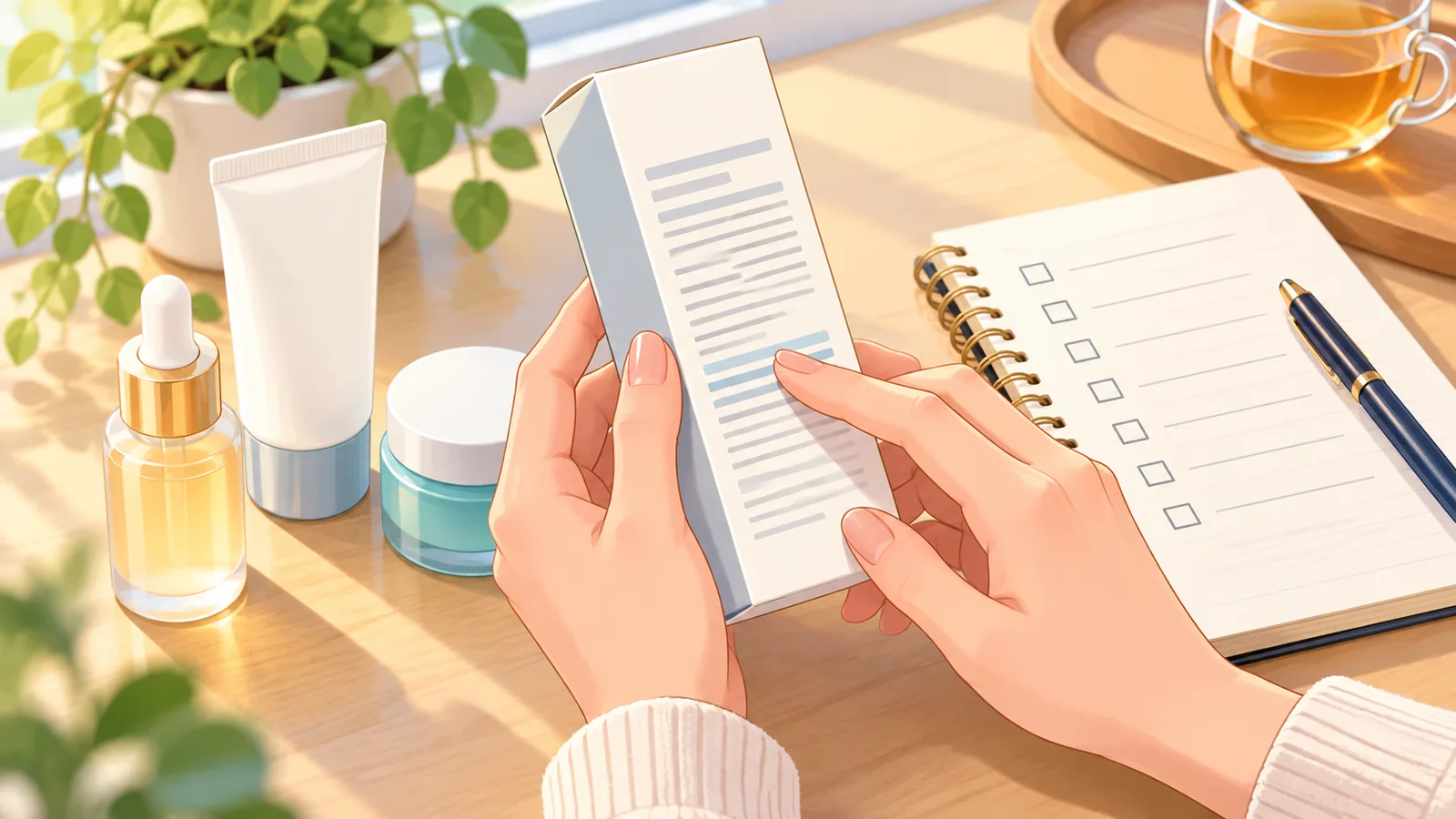 肌タイプや成分を確認しながらスキンケアを選ぶ場面