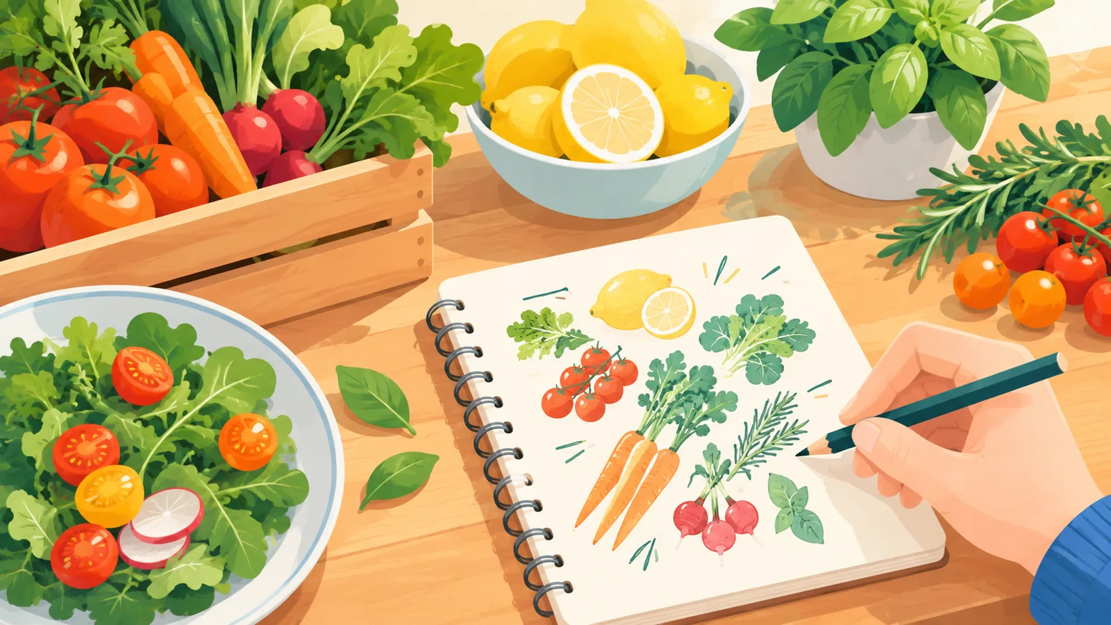 旬の野菜やハーブを前にアイデアをノートに書き出す手元