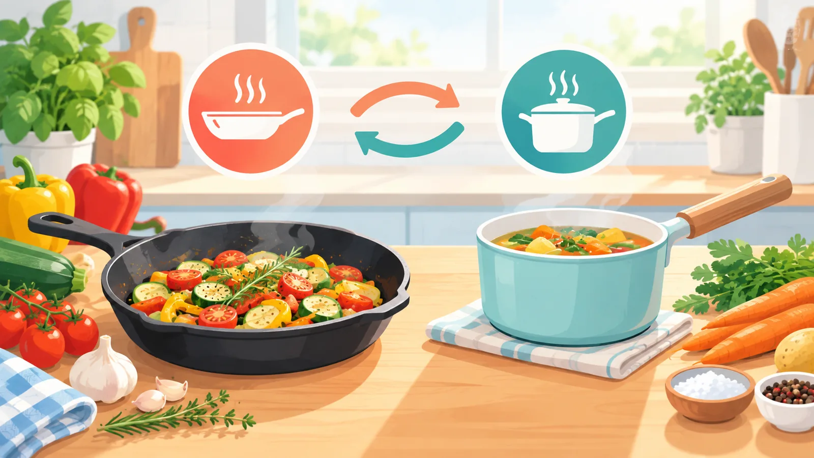 食材と焼く・煮るの調理道具を並べて調理法を考える場面