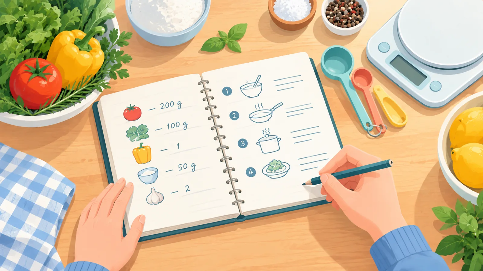 計量道具のそばで材料の量と手順の初稿を書く人