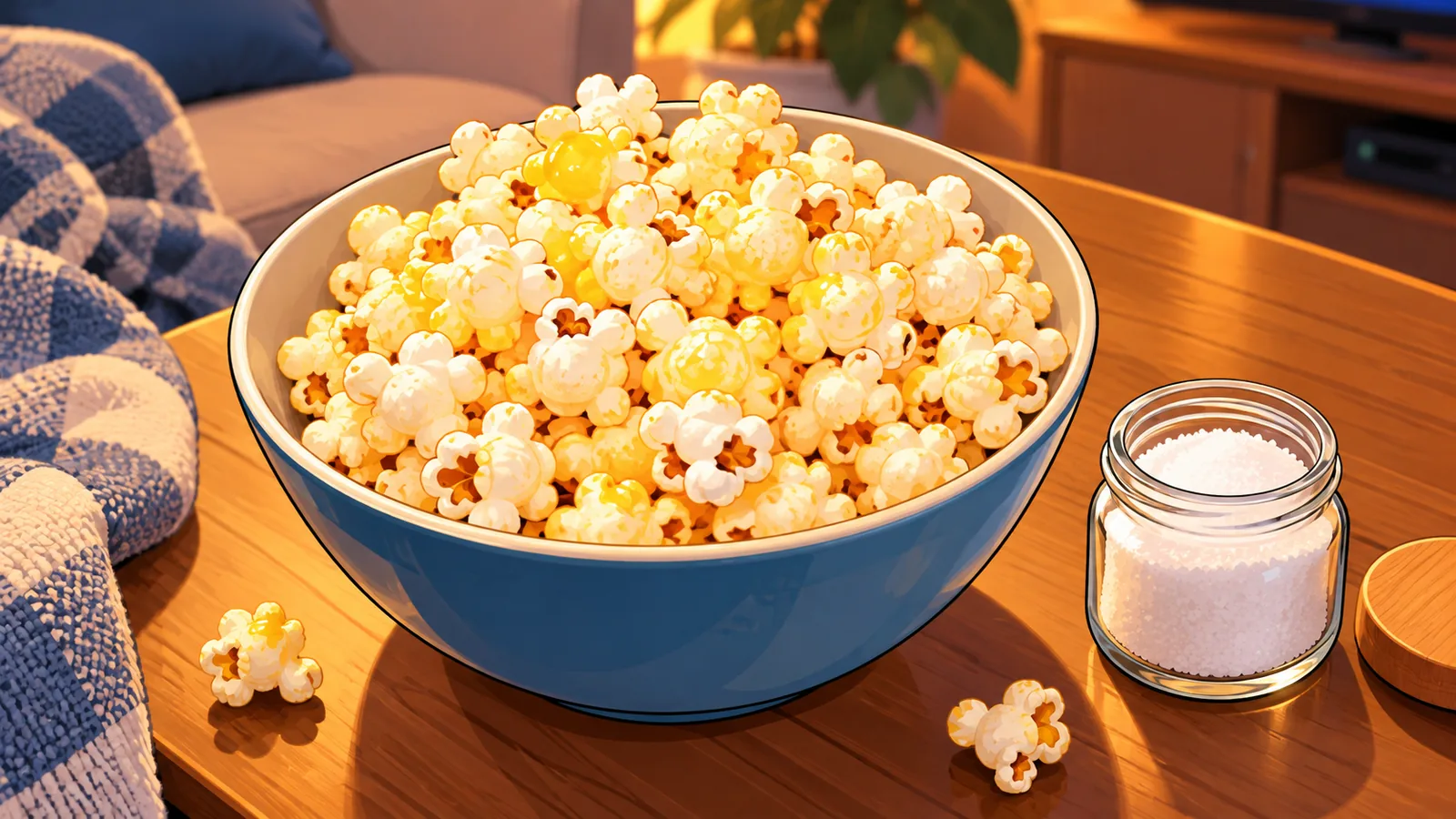 木のテーブルに置かれた、できたてのバター風味ポップコーンと細かい塩の小瓶