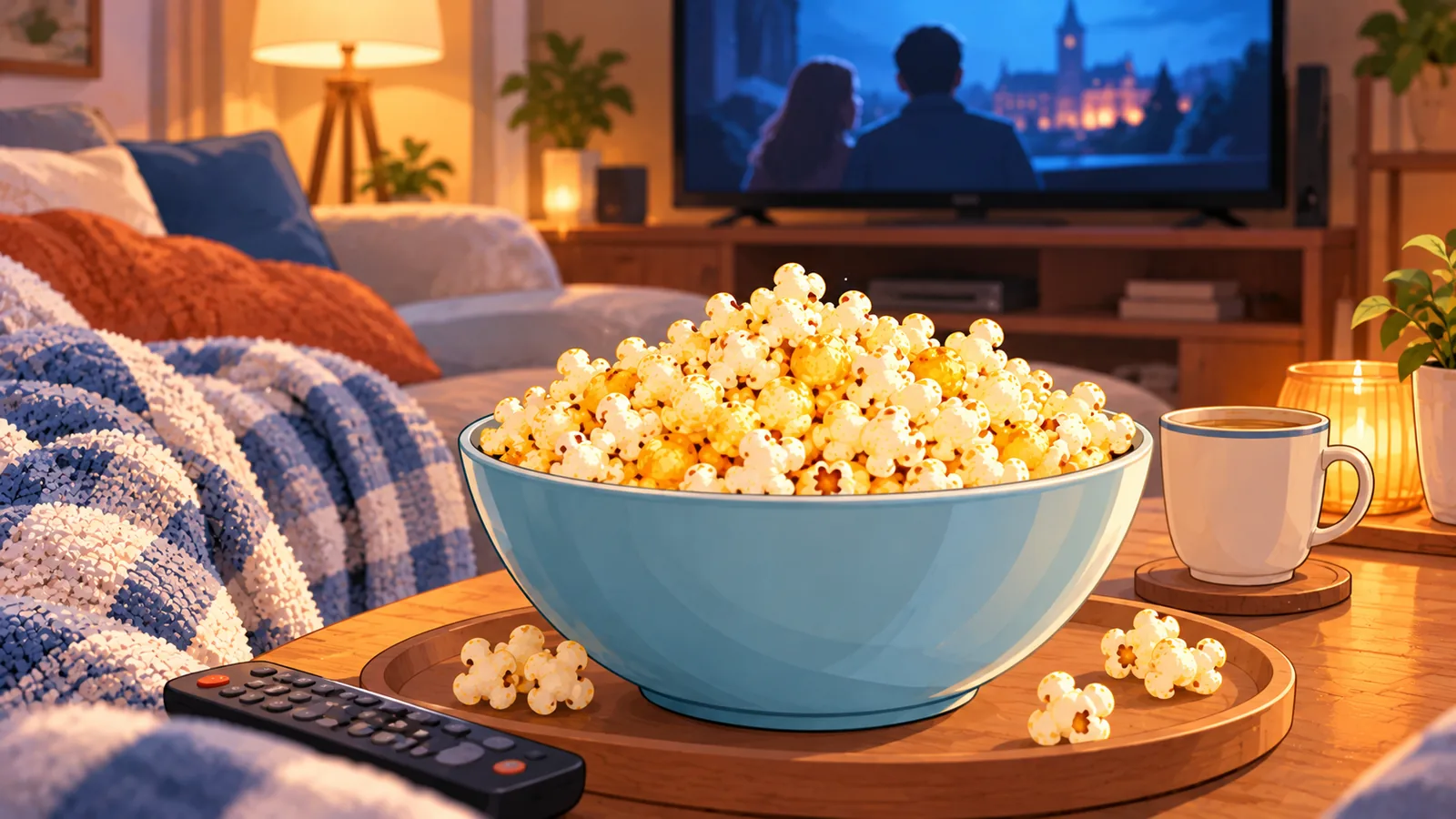 テレビの前のテーブルに置かれた、完成したポップコーンの大きなボウル