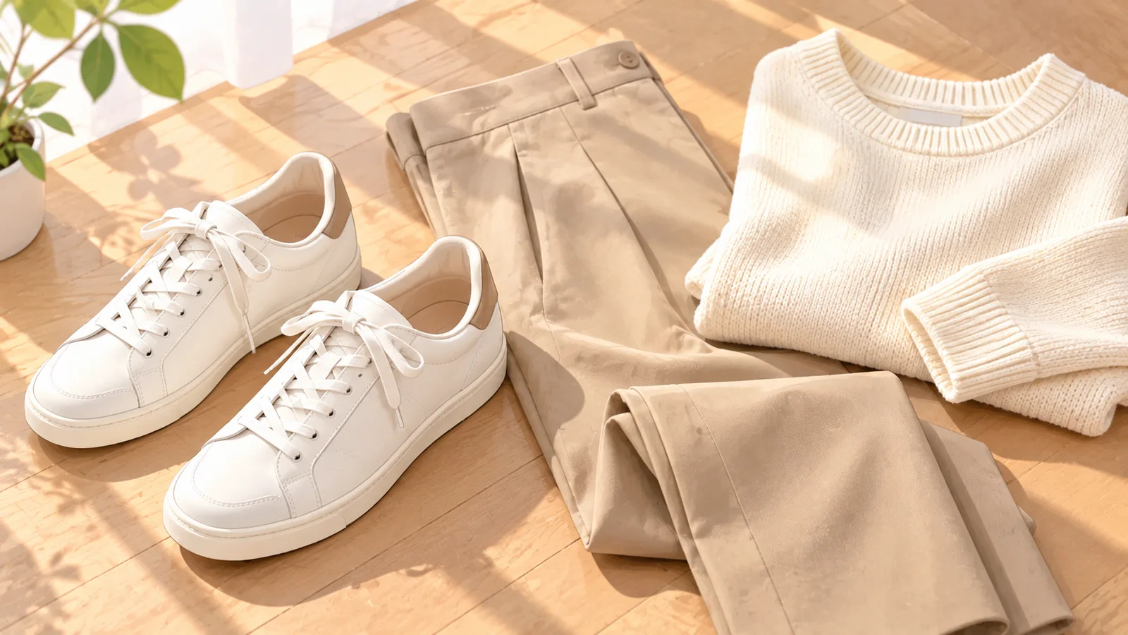 白系レザースニーカーとニュートラルカラーの服装