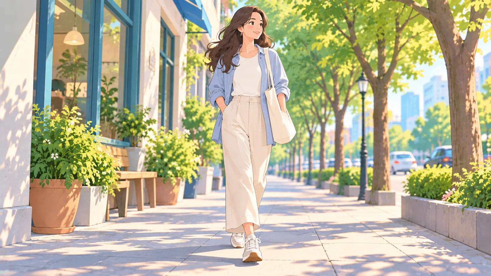 休日の街歩きでスニーカーを合わせた女性のコーディネート