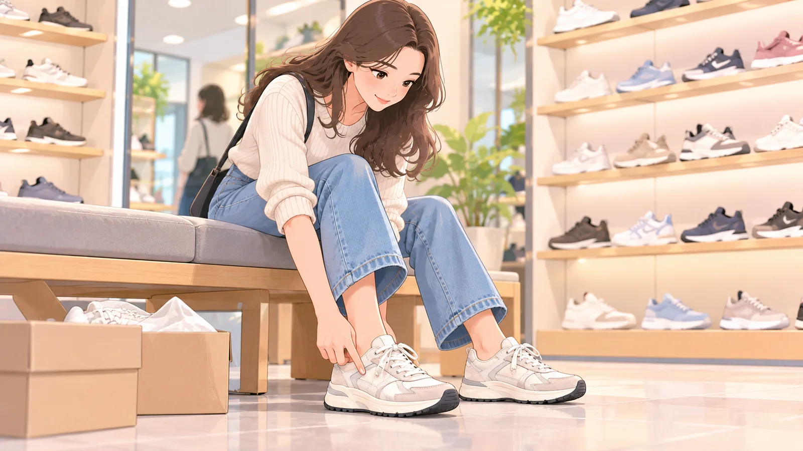 店頭でスニーカーを試着してサイズを確かめる女性