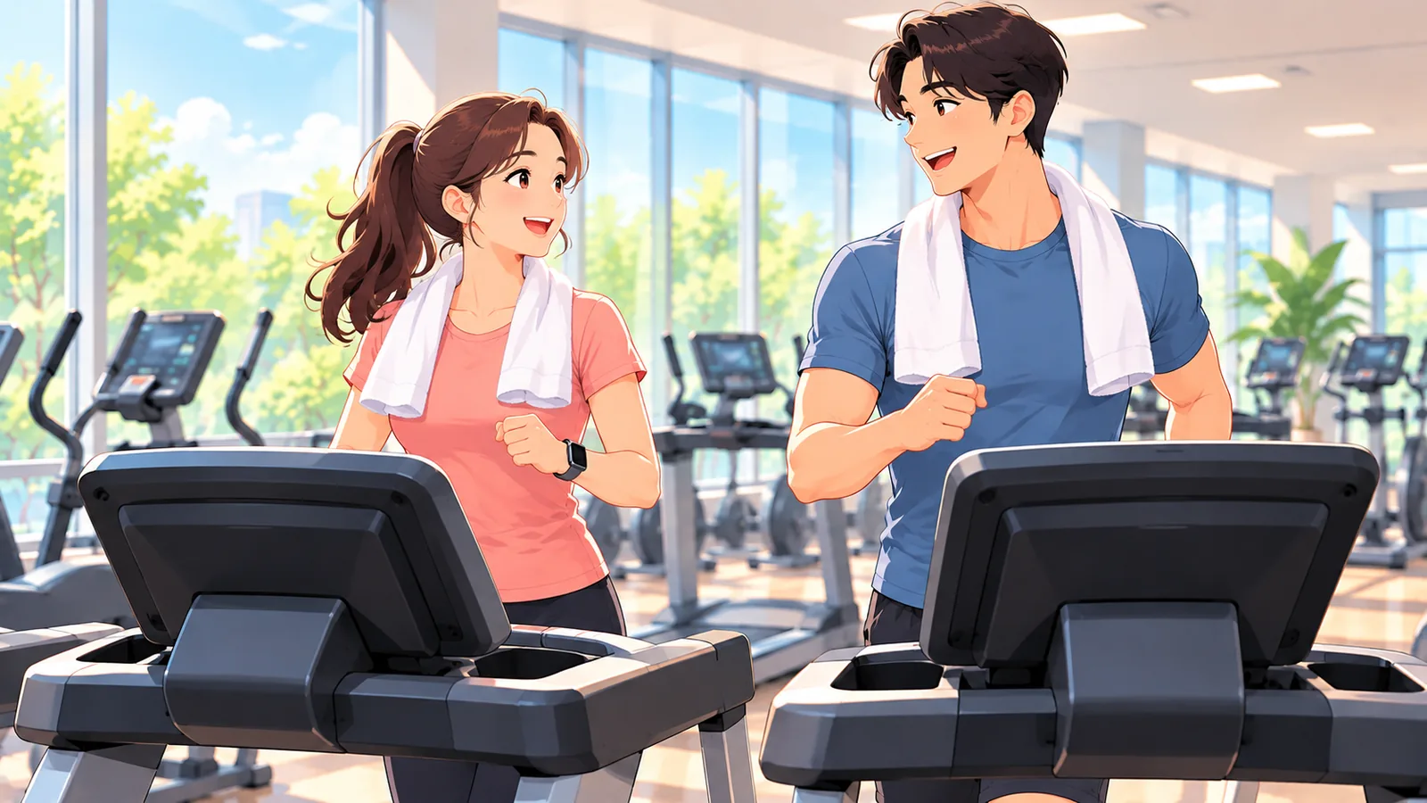 隣の友人と話しながら無理のない速さで歩く初心者