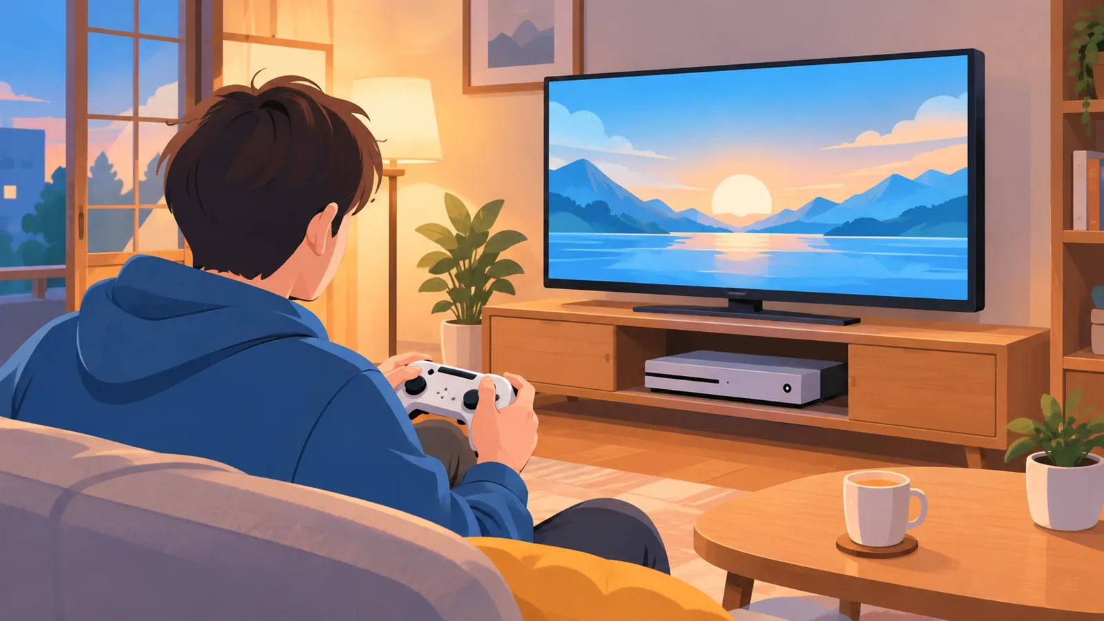 リビングでPS5のコントローラーを持ってゲームを選ぶ人