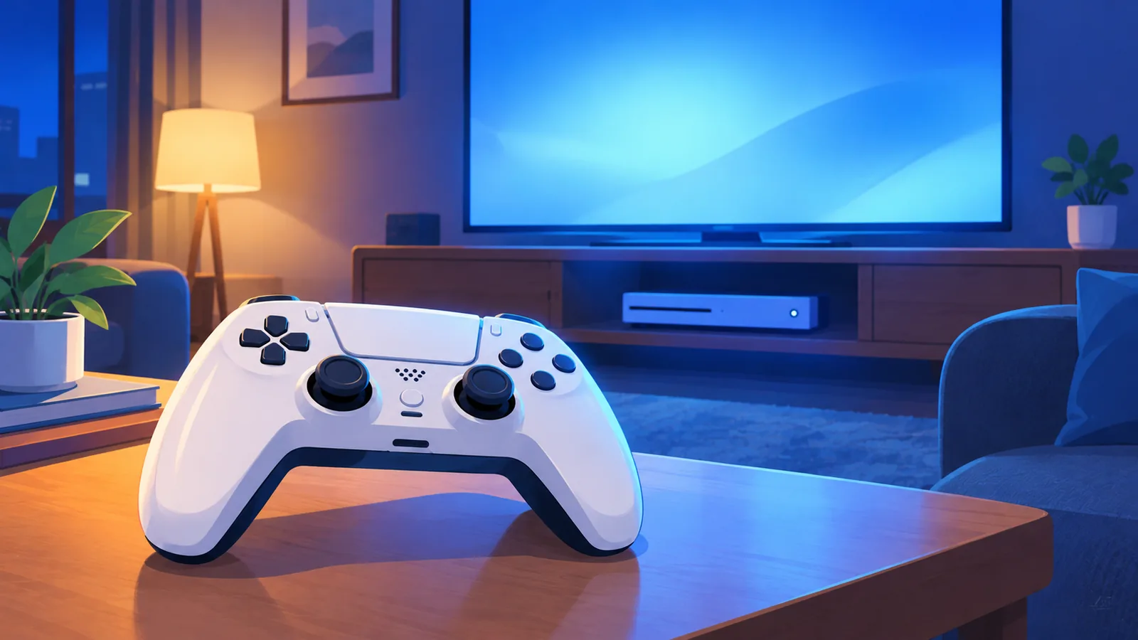 暗い部屋でテレビの前に置かれたコントローラーのクローズアップ