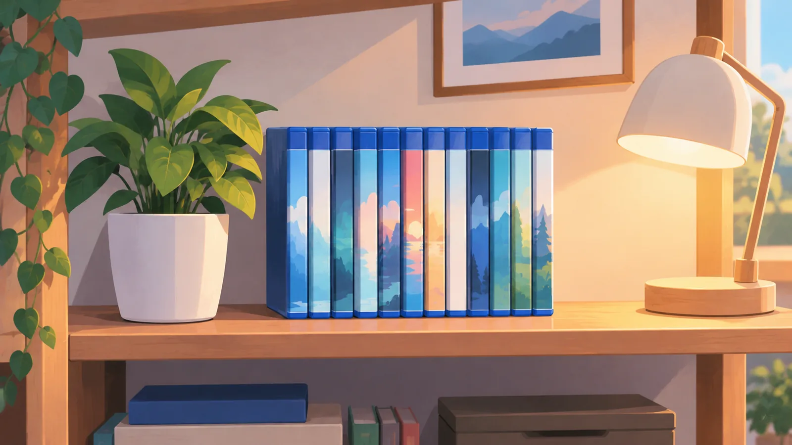ゲームソフトが並ぶ棚と観葉植物
